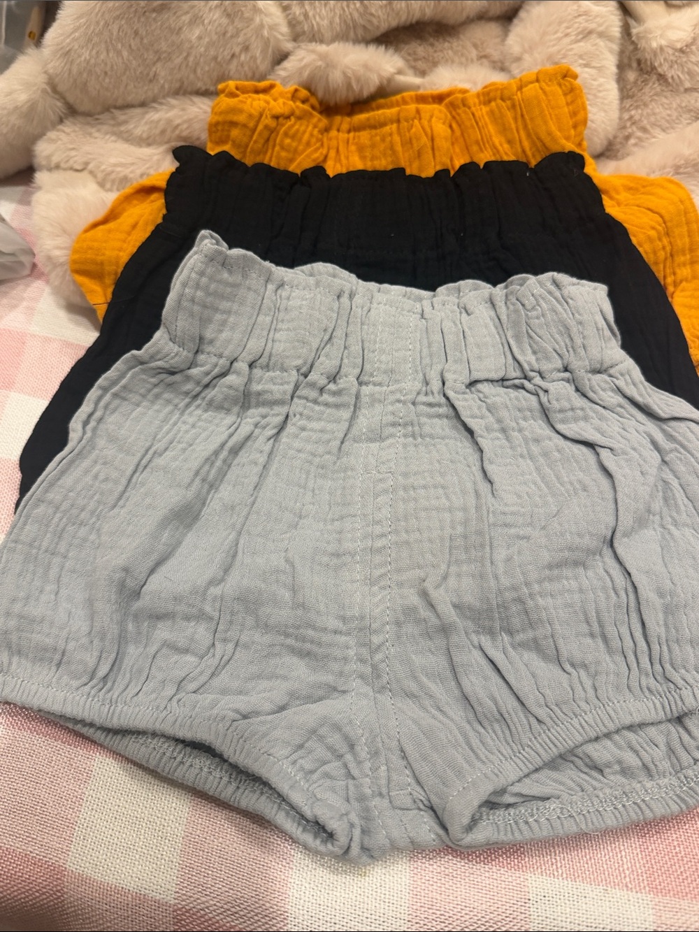 Kids Cotton Gauze Elastic Waist Shorts - Light Gray, Black & Mustard